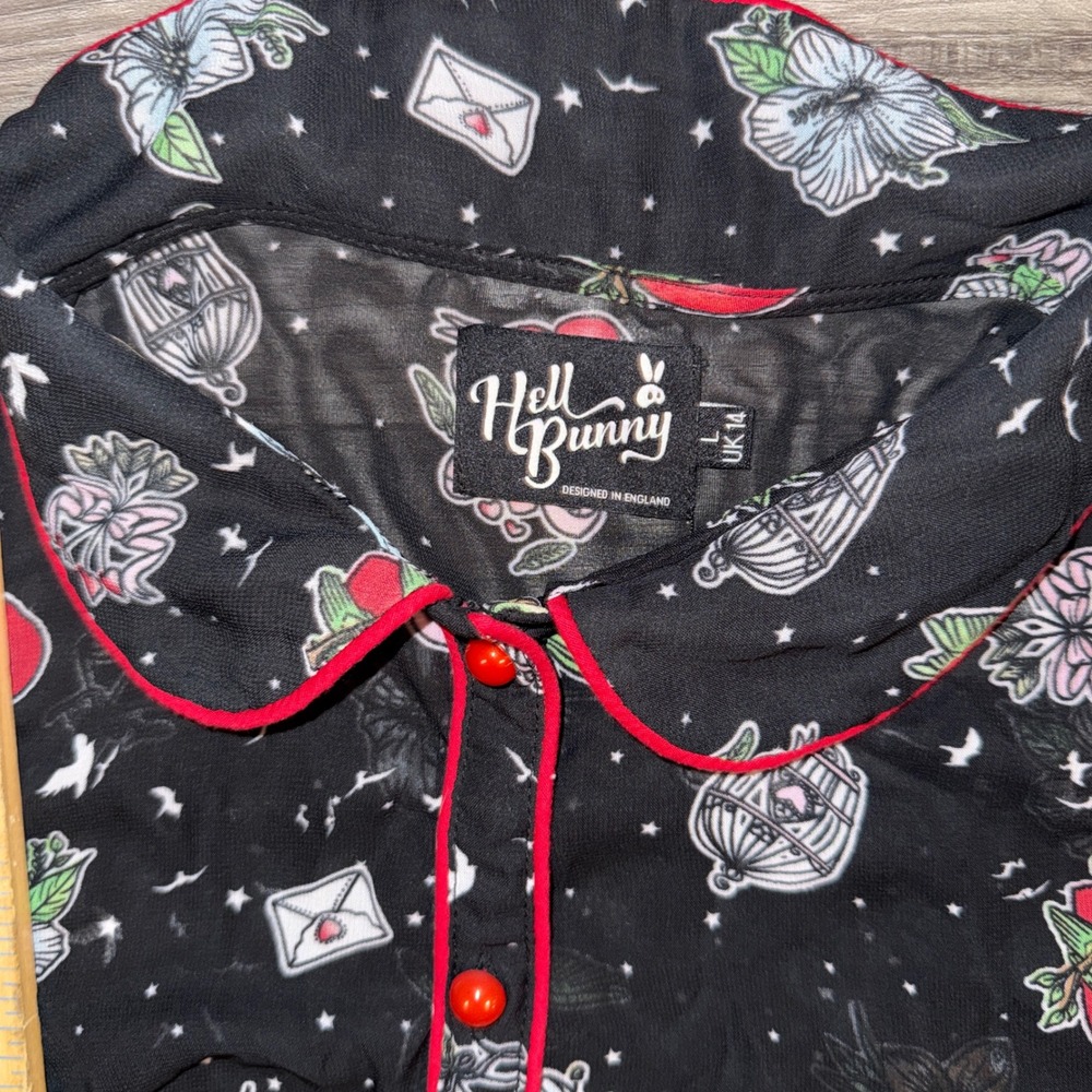 Hell Bunny Sheer Tattoo Print Button Up Blouse Black Pinup Rockabilly‎ - Picture 3 of 5